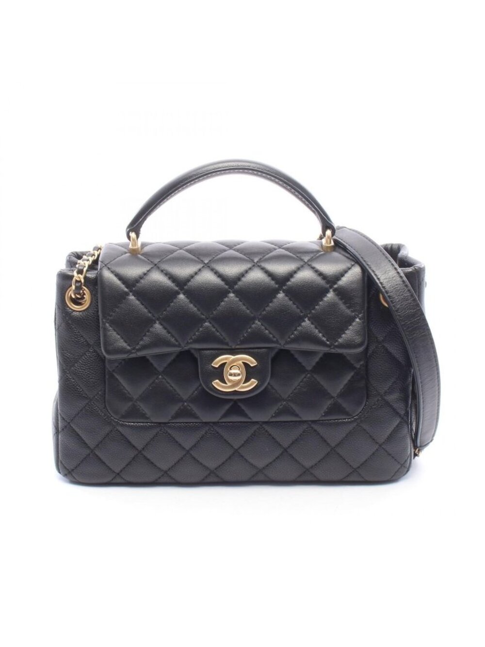 Chanel Shoulder Bag Quilted Top Handle 2-Way Black Caviar Leather Chain